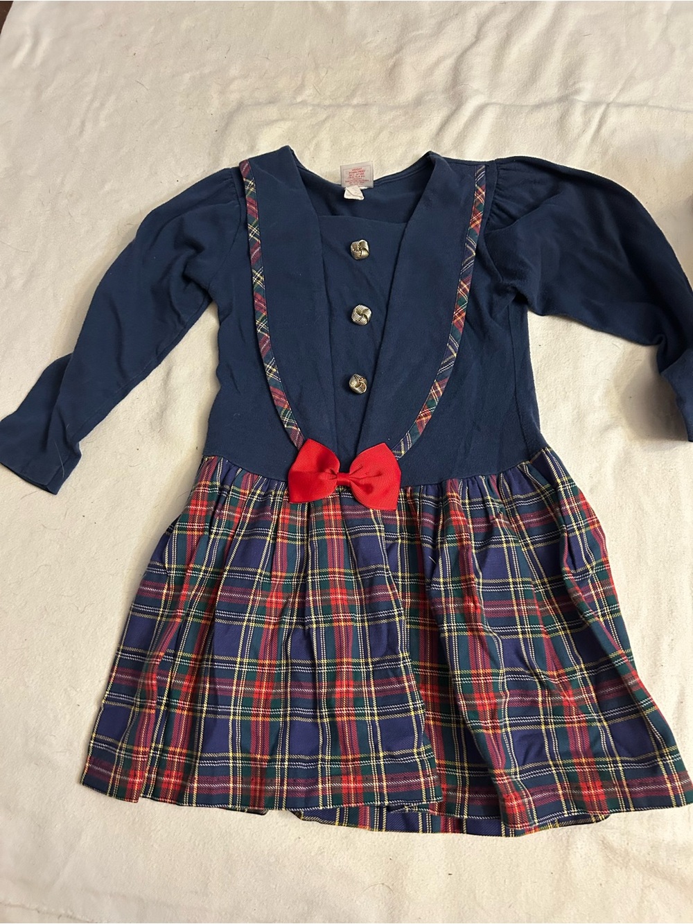 Buster Brown Navy Blue Red Plaid Bow Long Sleeve Dress sailor collar buttons 4t
